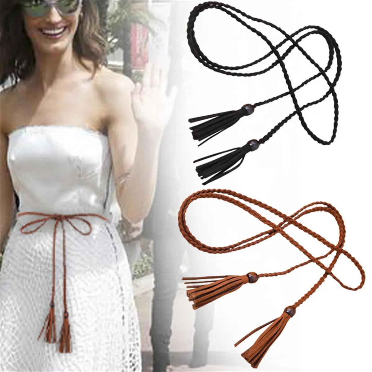 Women Bohemian Boho Braid Long Suede leather Tassel slim Waist Belt Band Tie