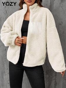 YOZY Valentine's Day Gift for Girl, Women's Patchwork Drop Shoulder Plush Coat, Casual Long Sleeve Stand Collar Zip Up Outerwear for Fall & Winter, Women's Clothes for Daily Wear, Fall & Winter Clothes