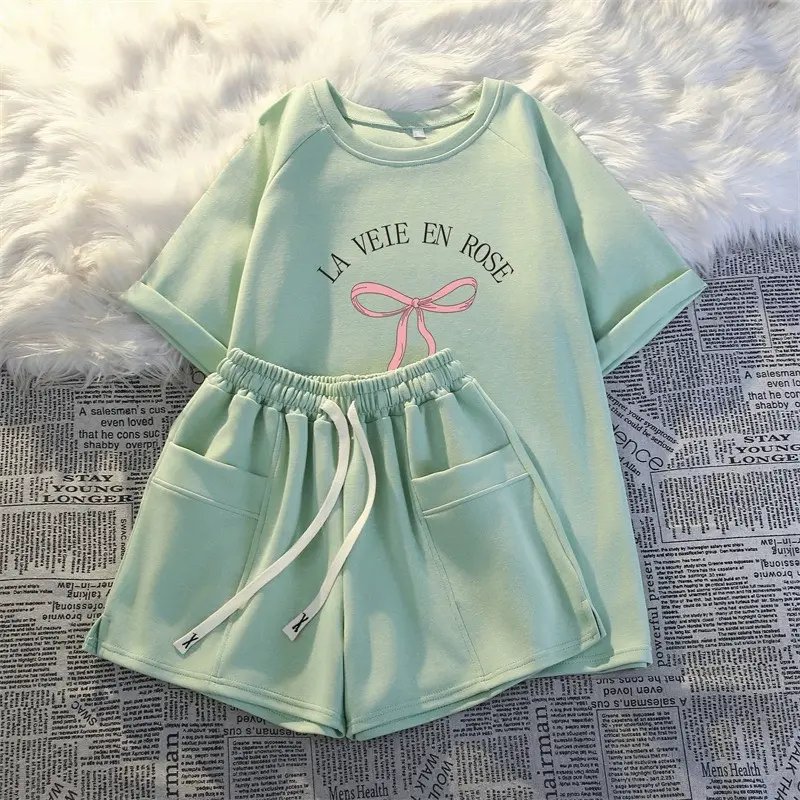 Set Bộ thun cotton hè 2024 in hình Nơ và Chữ LA VEIE EN ROSE, Bộ 5 màu có túi cực xinh, Set quà tặng dành cho mẹ bé từ 9-55kg(mã02)
