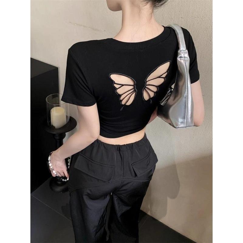 Áo Thun Ngắn Tay, Phong Cách Phương Tây Ngọt Ngào, Thiết Kế Xinh Xắn, Dành Cho Mùa Hè Của Phụ Nữ, Vai Rỗng Hình Bướm, Hở Lưng, Mỏng Vừa Vặn, Áo Ngắn 3