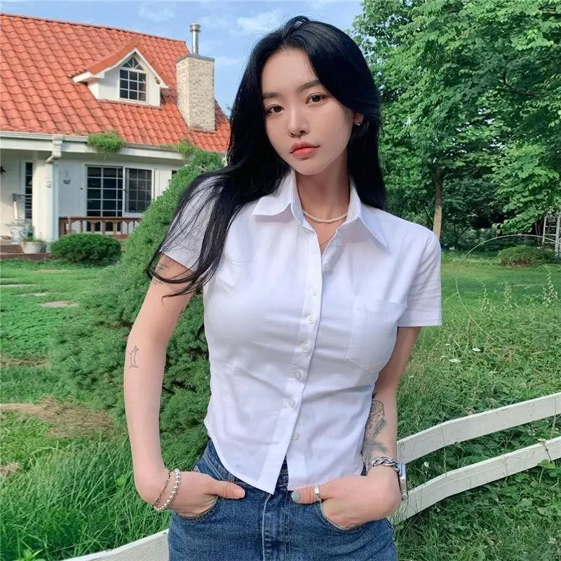 Meetyo Women's Elegant Casual College Style White Short-Sleeve Polo Neck Blouse Shirts Top Womenswear Minimalist Lingerie Comfort Basic Collar Collared