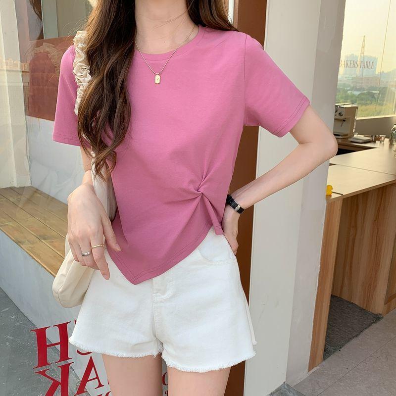 Áo Thun Nữ Tay Ngắn Bất Đối Xứng Phổ Biến Quần Áo Nữ Mùa Hè, Thiết Kế Mưu Mô, Tay Lỡ, Cắt Cạp Cao, Thích Hợp Cho Mùa Hè 2023, Hàng Mới Về Top Women Cổ Tròn 3