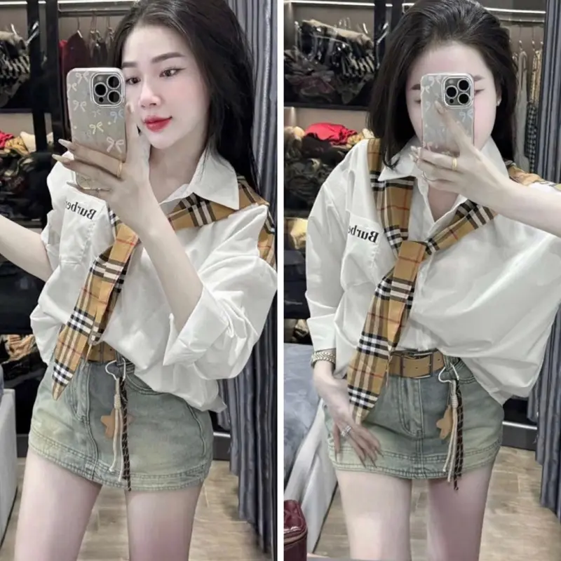 Áo sơ mi trắng dài tay basic phối khăn kẻ bbr cho nữ Top Shirt Women cổ bẻ somi dui xu oc