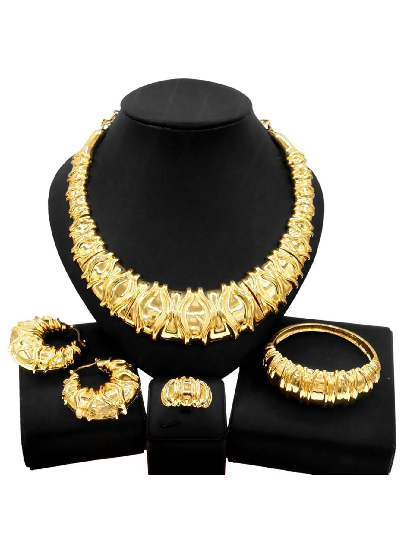 Women's Punk Style Textured Metal Design Jewelry Set, 5pcs/set Trendy Necklace & Hoop Earrings & Cuff Ring & Bangle Bracelet, Chic Striking Jewelry Set for Party Decor