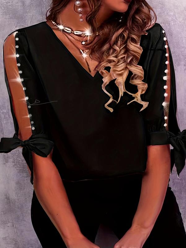 Plus Size Faux Pearl Decor Bow Decor Split Sleeve Blouse, Elegant V Neck Cut Out Half Sleeve Top for Women, Women Plus Size Clothing for All Seasons 4