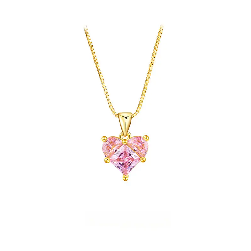 Titanium Steel Necklace Pink Heart Zircon Necklace for Women Light Luxury Ins Style Sparkling Diamond Heart Clavicle Chain