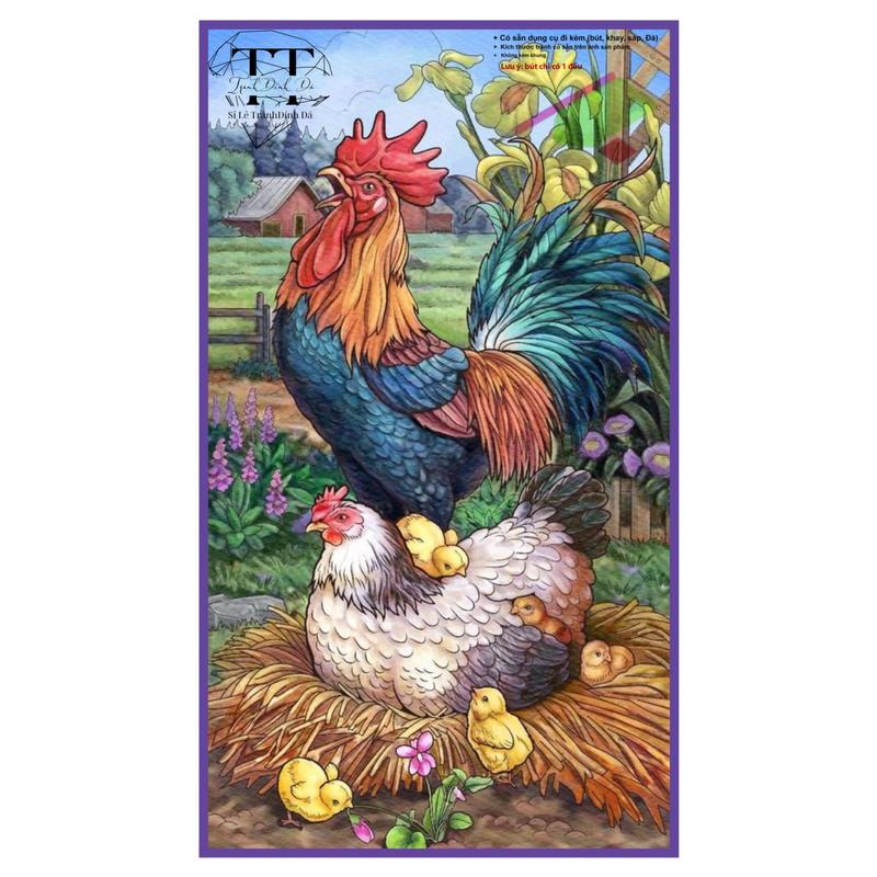 Tranh đính đá kích thước 30x40 Gia Đình Gà H229 tự hoàn thành khảmtrai Canvas Phòng Khách