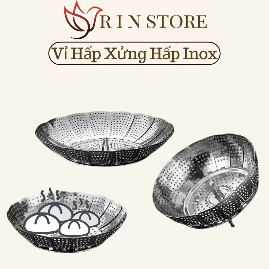 Vỉ Hấp Xửng Hấp Inox Chống Gỉ Tiện Lợi Đường Kính 23 Cm Vỉ Rổ Hấp Bánh Bao Hấp Cá Hấp Khoai Inox Xếp Tròn Gấp Gọn Đa Năng RIN