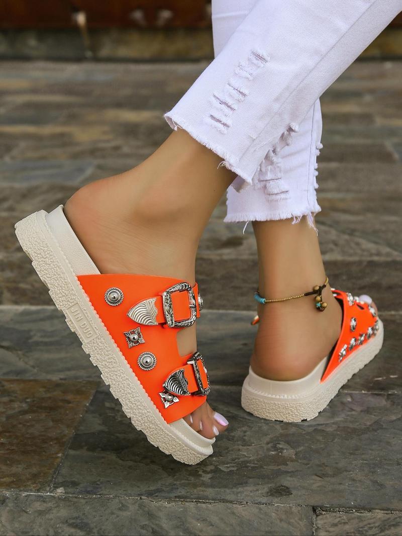 Product Introduction of Women's Fashionable Metal Decorated Sandals, Strap Slides, Casual Comfortable Breathable Sandals for Summer, Lightweight Non-slip Sandals for Daily Wear, Walking Shoes 8