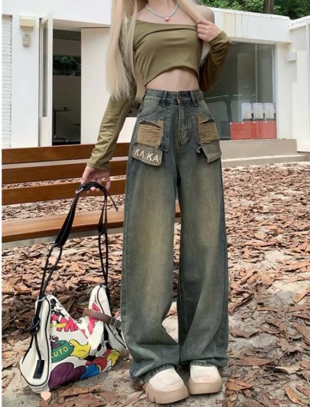 Quần Bò Jeans Nữ Ống Rộng Phối Túi Thêu Chữ KAKA, Quần Bò Denim Ống Rộng Suông Cạp Cao Hách Dáng - Women's Wide Leg Jeans with Embroidery - Ong