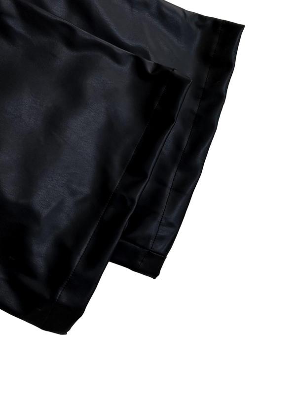 Women's Solid Pocket Zipper Flare Leg Pu Leather Pants, Fashion Casual Button Trousers for Daily Outdoor Wear, Women's Bottoms for Fall & Winter 4