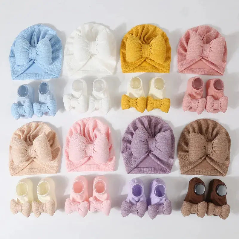 3Pcs Baby Girls Bow Cap Socks Set  Baby Accessories Newborn Elastic Cotton Filled Turban Hat Short Tube Sock Infant Indian Caps