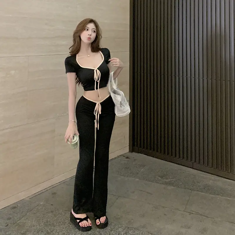 CandyHot  Cổ Vuông Gợi Cảm ngắn Tay Áo T & Quần Co Giãn Siêu Thấp Thích Hợp Cho Nữ