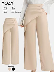 YOZY Women's Plain Ruched Button Decor Wide Leg Pants, Casual Comfy Zipper Trousers for Daily Wear, Ladies Bottoms for All Seasons, Fall & Winter Clothes