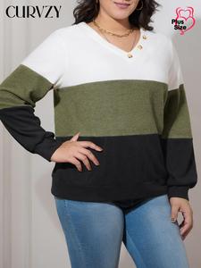 CURVZY Plus Size Colorblock Print Long Sleeve T-shirt, Casual Button Decor V Neck Top for Daily Wear, Women's Clothing for All Seasons