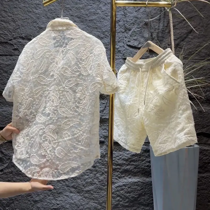 Bộ Đồ Lưới khoét Mùa Hè Mới, Dành Cho Nam Và Nữ, Thường Ngày Và Mỏng, Xu Hướng Thời Trang, Cùng Phong Cách, Áo Sơ Mi Thêu Trơn 2