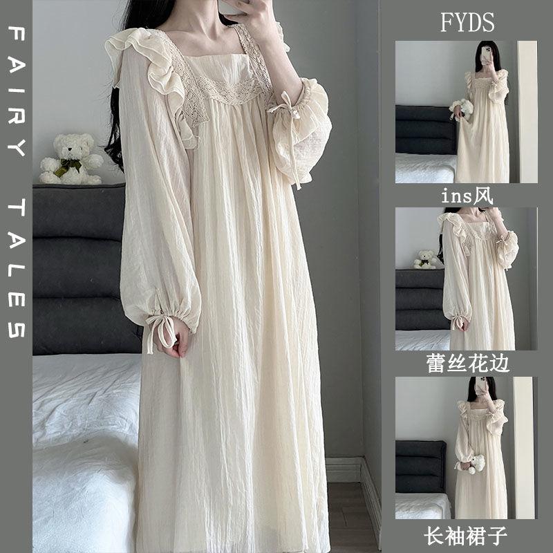 Váy Ngủ Dài Tay Cho Nữ, Bộ Sưu Tập Mùa Xuân Và Mùa Thu, Hàng Mới Về, Phong Cách Ngọt Ngào, Màu Trơn Thiết Kế Ren Cao Cấp Xếp Nếp, Váy Ngủ, Thích Hợp Mặc Nhà, Quần Áo Nữ