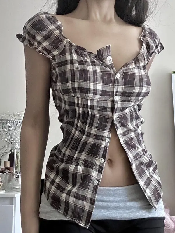 Women's Plaid Print Shirt, Casual Slim-fitting Short Sleeve Top for Summer, Ladies Clothes for Daily Wear 0