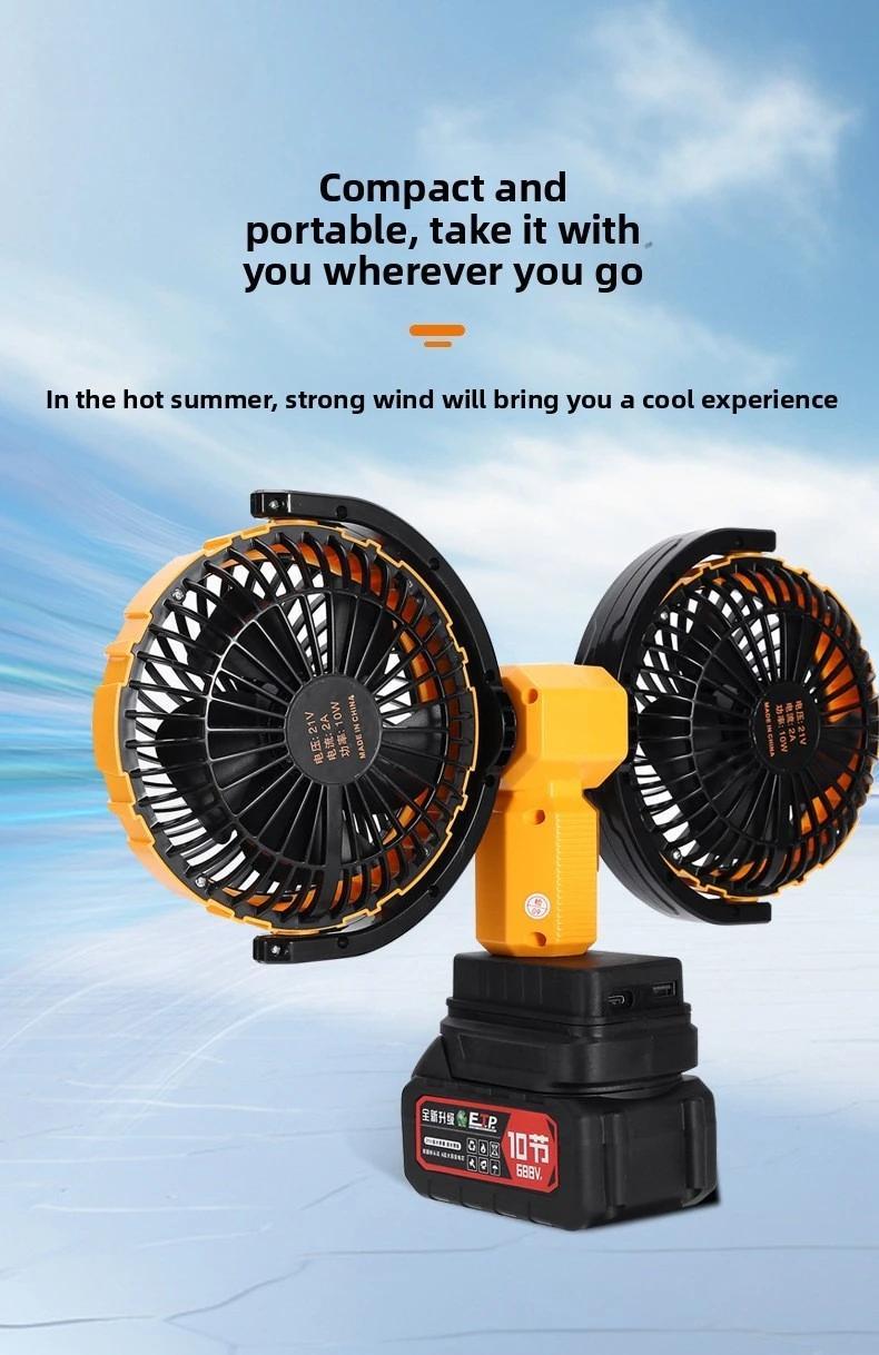 5-Inch Dual Head Battery Fan | Brushless Powerful Wind | 360° Adjustable | Kipas Cas Semula Portable Untuk Camping & Home