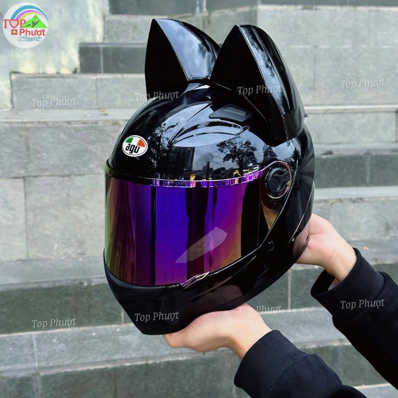 Mũ bảo hiểm Fullface Agu Đen Bóng tai mèo to cao cấp - Có tặng kèm ốc vít gắn lên mũ dễ dàng - Nón fullface Helmet