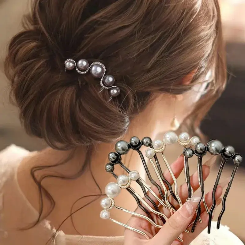 1pcs Simple Pearly Hairpins Korean U-shaped Metal Shell Hair Clip Pins Women Hair Sticks Bun Maker Hair Styling Accessories