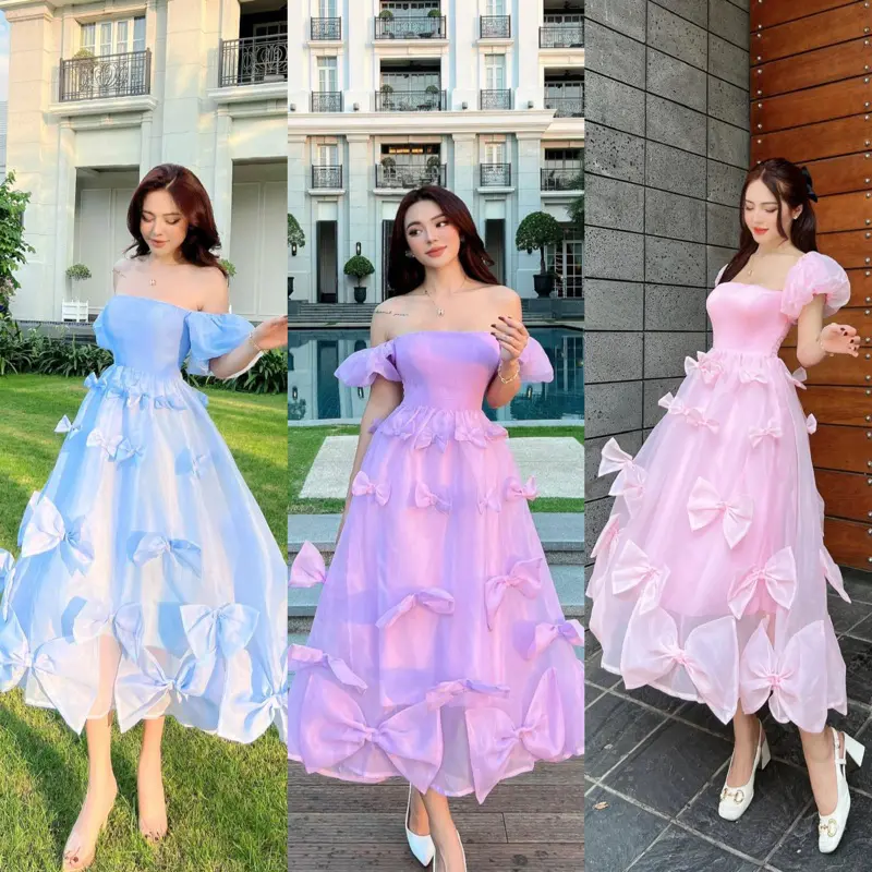 [SALE LẺ SZ] Đầm  dự tiệc đi biển nhiều nơ tay phồng Freesize S M L đều Mặc Được -- Nhà Lỳ Có Maxi Nữ Women Dress