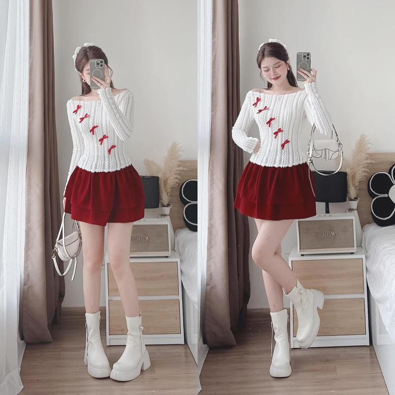 Product Introduction of Áo trễ vai len mềm xinh, áo noel tết tiểu thư A387 Nữ Women 5