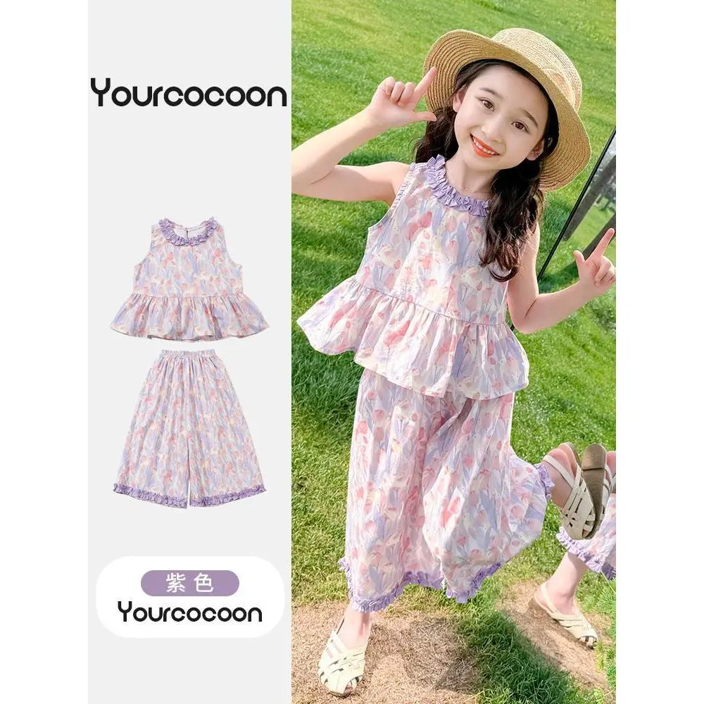 Quần Áo Trẻ Em, Thoải Mái, Phong Cách Mục Vụ Của Bé Gái, Không Tay, In Đầy Đủ, Phong Cách Phương Tây Ngọt Ngào Áo Vest Không Khí, Quần Ống Rộng, Bộ Đồ Mùa Hè, Hàng Mới Về 2024