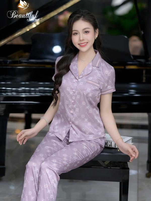 Đồ bộ nữ mặc nhà Y655B Lụa Mịn tay cộc TÍM phi tiêu cổ PJM 0