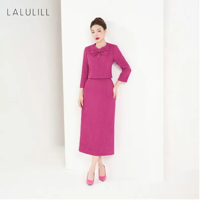 LALULILL Set nữ Áo vest dáng crop cổ nơ & Chân váy dáng suông dài nhung tăm hồng sen- LAK2438703 & LCV2442403 5