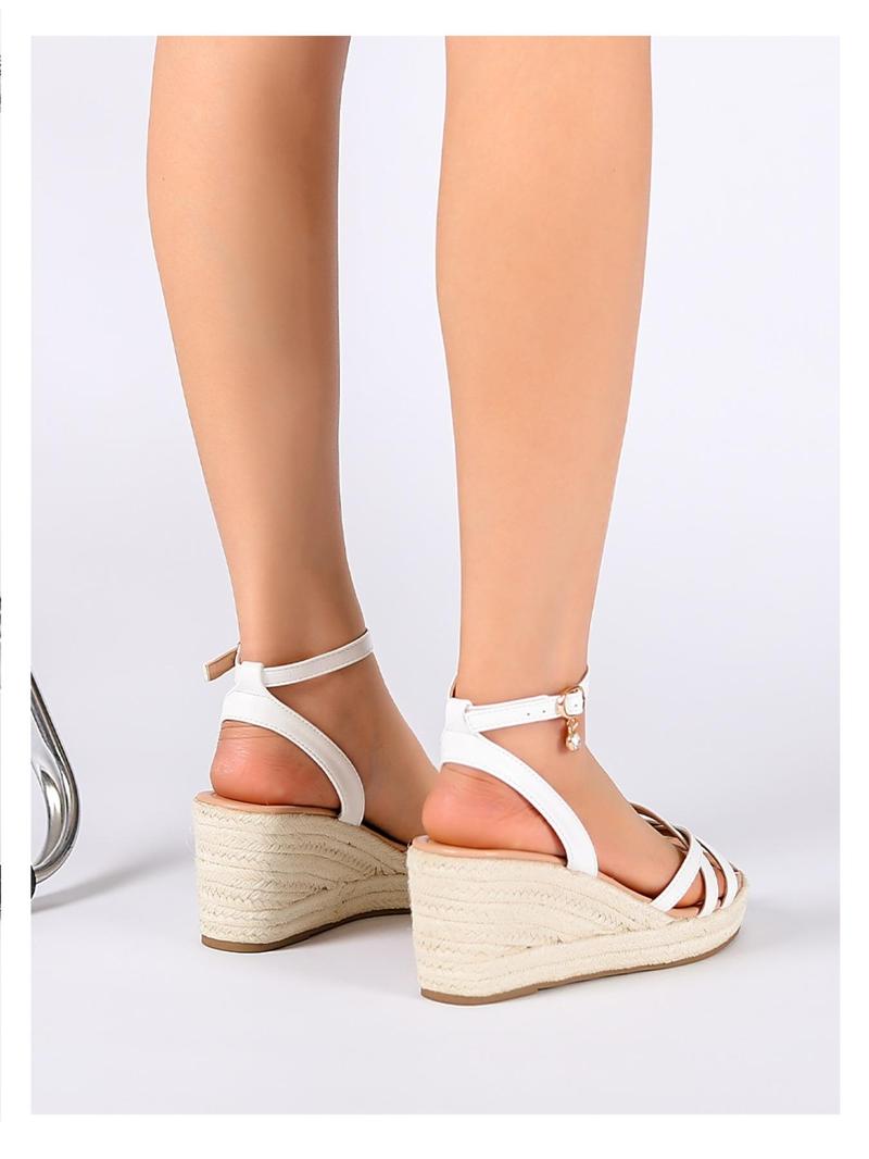 Product Introduction of Women's Fashionable Plain Color Wedge Woven Sandals, Casual Versatile Buckle Decorated Sandals for Daily Wear, Breathable Comfortable Walking Shoes for Students and Outdoor 15