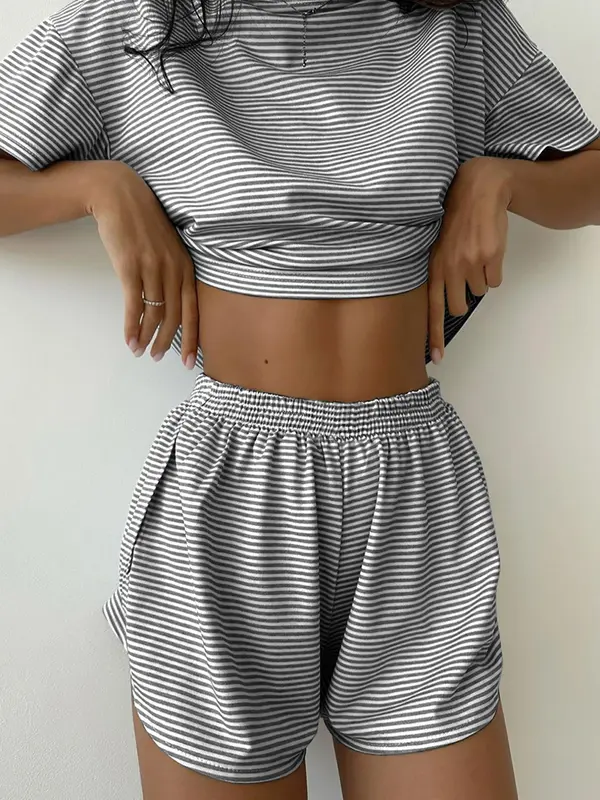 Two-Piece Set Women's Striped Print Drop Shoulder Tee & Wrap Split Shorts Pajamas Set, Comfy Short Sleeve T-shirt & Elastic Waist Shorts Pj Set, Back To School Wear Lounge Sets, Pajama Sets Women, Fall Clothes 1
