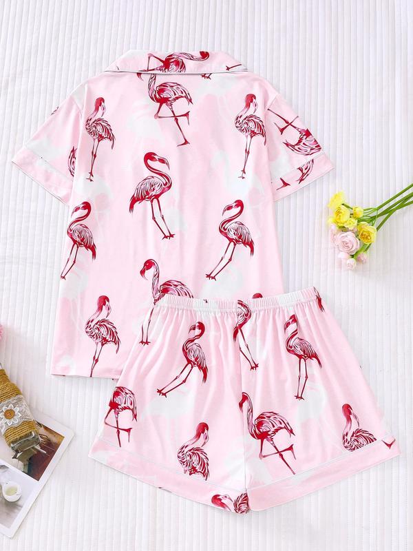 Two-piece Set Women's All Over Flamingo Print Short Sleeve  Pajama Set, Casual Comfy Lapel Neck Button Front Top & Elastic Waist Shorts Pj Set, Ladies Sleepwear for All Seasons 8