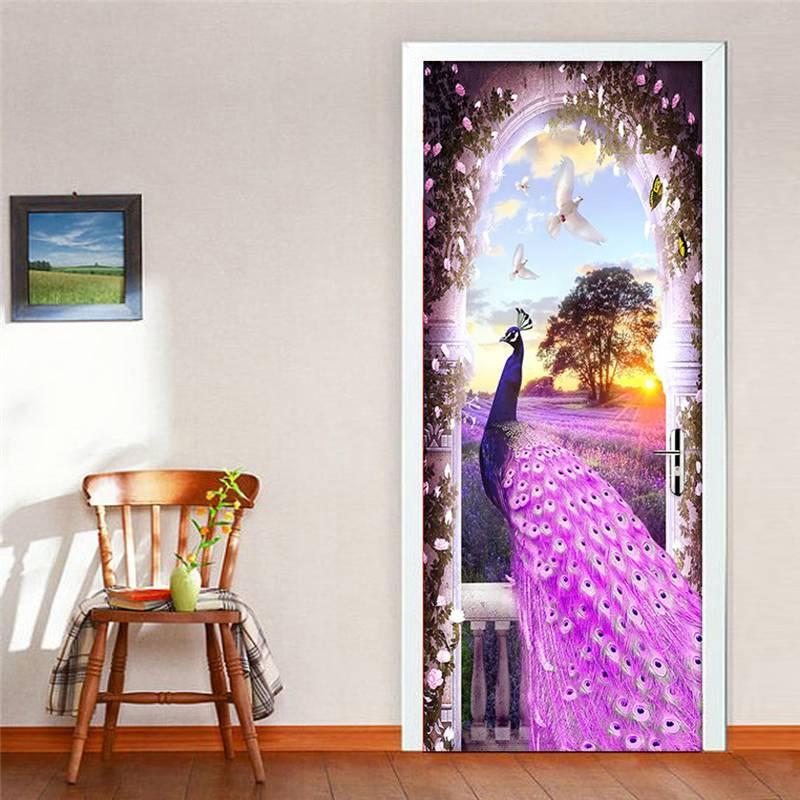 Custom Purple Peacock Dream Lavender 3D Self-adhesive Pvc Poster Living Room Bedroom Home Decor Waterproof Stickers Door Sticker 0