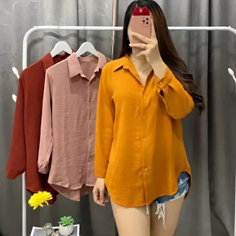 Kemeja polos crinkle wanita airflow/kemeja lengan panjang/kemeja polos wanita terbaru Atasan Airflow Panjang Baju Oversize Linen Dewasa Casual 2