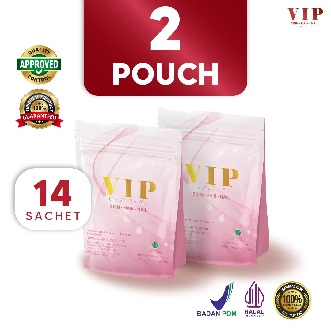 VIP Collagen Premium 2 Pouch isi 14 Sachet | Minuman Kolagen Untuk Kulit, Kuku, & Rambut | Dengan fish collagen untuk membantu mencerahkan | BPOM & HALAL