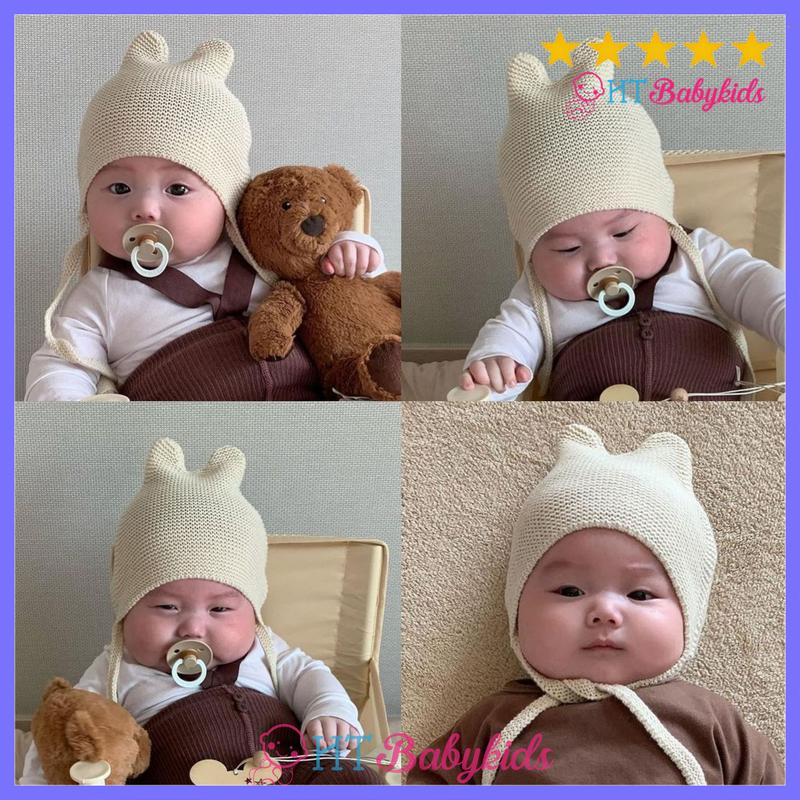 Mũ Đan Len Màu Trơn Thiết Kế Dây Buộc Thời Trang Thu Đông Cho Bé