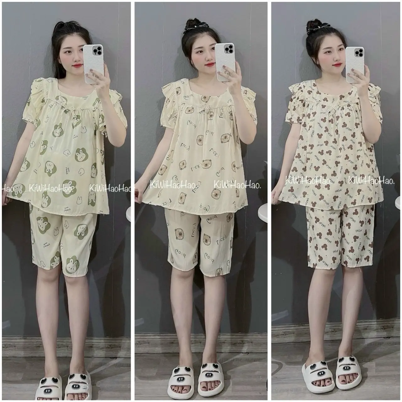 Bộ đũi lửng cổ vuông kết hợp mặc bầu và sau sinh siêu nhẹ , mát, mềm . Quần có chun điều chỉnh . Áo có khóa tu ti .Zise từ 40—70kg.