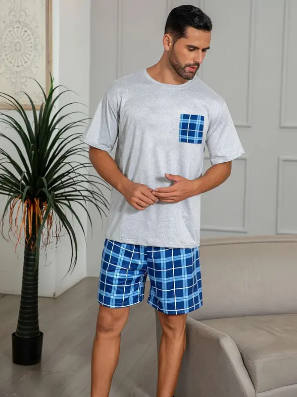 Men's Plaid Print Pocket Tee & Shorts Pajama Set, Casual Comfy Short Sleeve T-shirt & Shorts, Men's Sleepwear for Summer 3