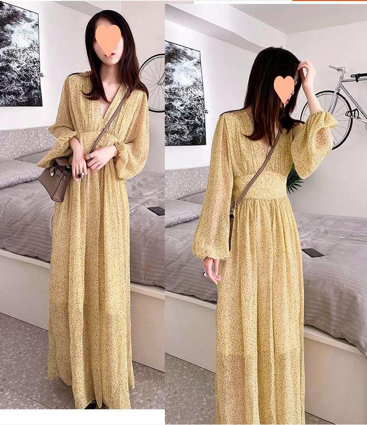 Product Introduction of Phong cách Pháp cổ điểnváy voan hoa dài tay thiết kế cạp cao, dáng rộng vừa vặn, mặc dự tiệc hay mọi dịp đều siêu đẹp! Nữ Women Dress Khuy 7