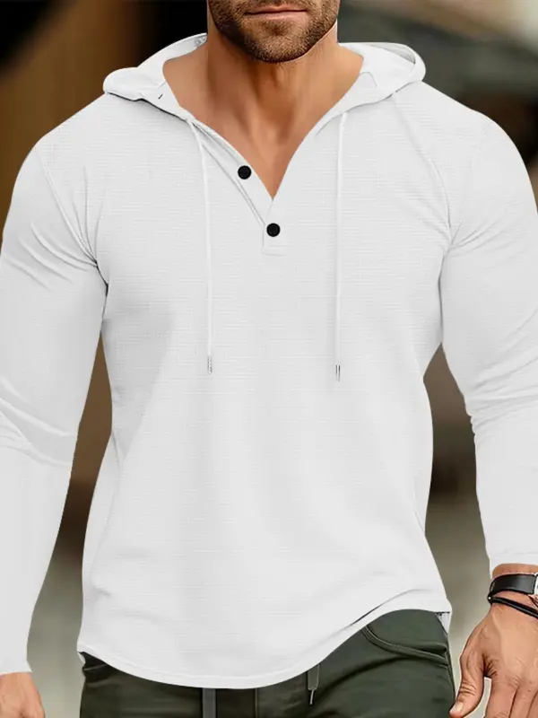 Men's Regular Fit Solid Button Front Hoodie, Casual Long Sleeve Drawstring Hooded Sweatshirt for Fall & Winter, Men's Clothes for Daily Wear 4