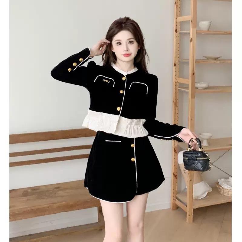 Set áo váy nhung phối tơ bèo 2 lớp dày dặn có kèm tag đá áo tay dài + chân váy ngắn chữ A V005 Nữ Top