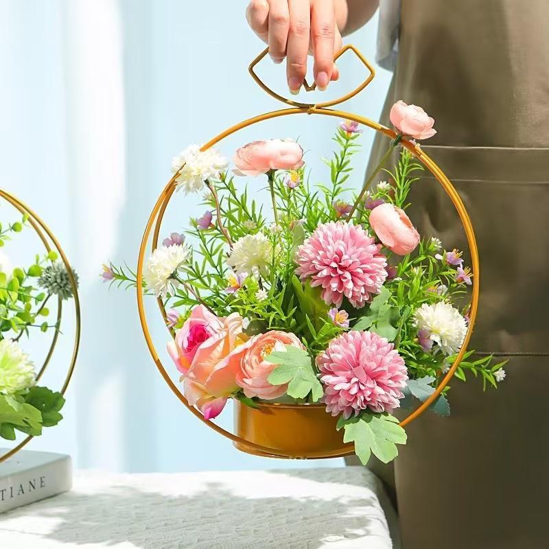 Artificial Flowers Faux Peony Silk Hydrangea Flower with Metal Vase Fake Plants for Wedding Table Centerpieces Nightstand Home Office Decor Ornaments Decorative Fruit Plastic 7