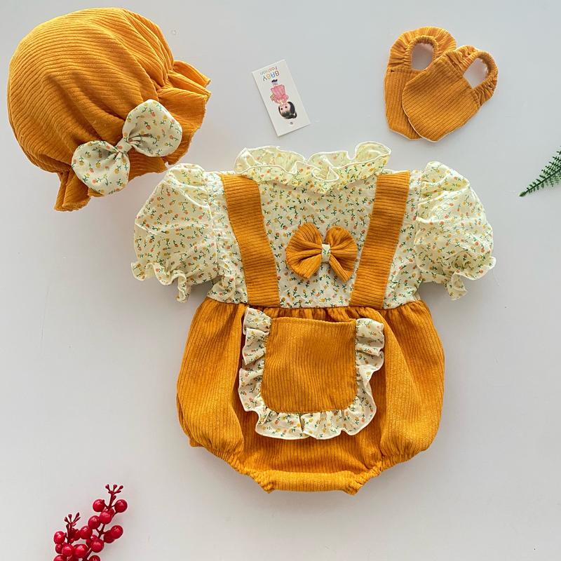 Body Hoa Nhí Giả Yếm Quần Vàng Cho Bé Sơ Sinh Chất Liệu Đũi Tơ Phối Nhung Tăm Mềm Mịn