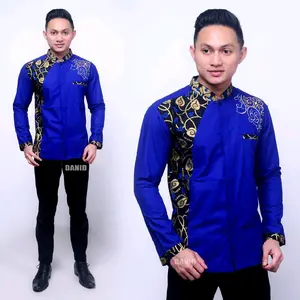 Baju Panjang Motif kombinasi batik - Kemejan Casual warna Navy - Hem Pendek Batik kombinasi ukuran Fit Kantor / Formal Katun Nyaman