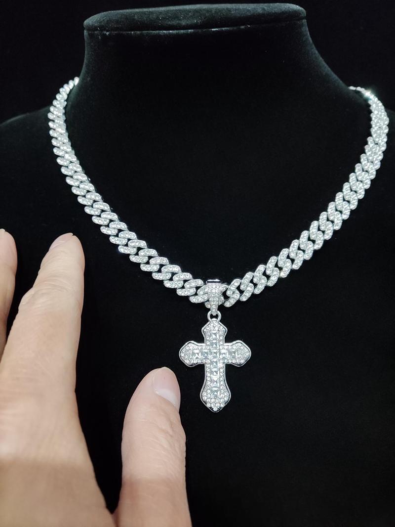 Product Introduction of 2024 Trendy Rhinestone Cross Pendant Necklace for Men & Women,  Punk Style Cuban Link Chain Jewelry Gift for Daily Decoration, Classic Fashion Accessories for Party, Club 3