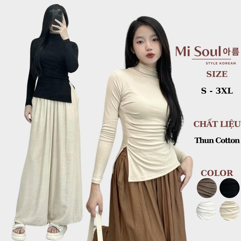 Áo Giữ Nhiệt Dài Tay Nữ Cổ 3 Phân Nhúm Sườn Xẻ Tà BigSize MiSoul, Áo Thu Đông Cổ 3 Phân Dáng Form Ôm Body 222 Top Cổ Tròn Women Ong Đen