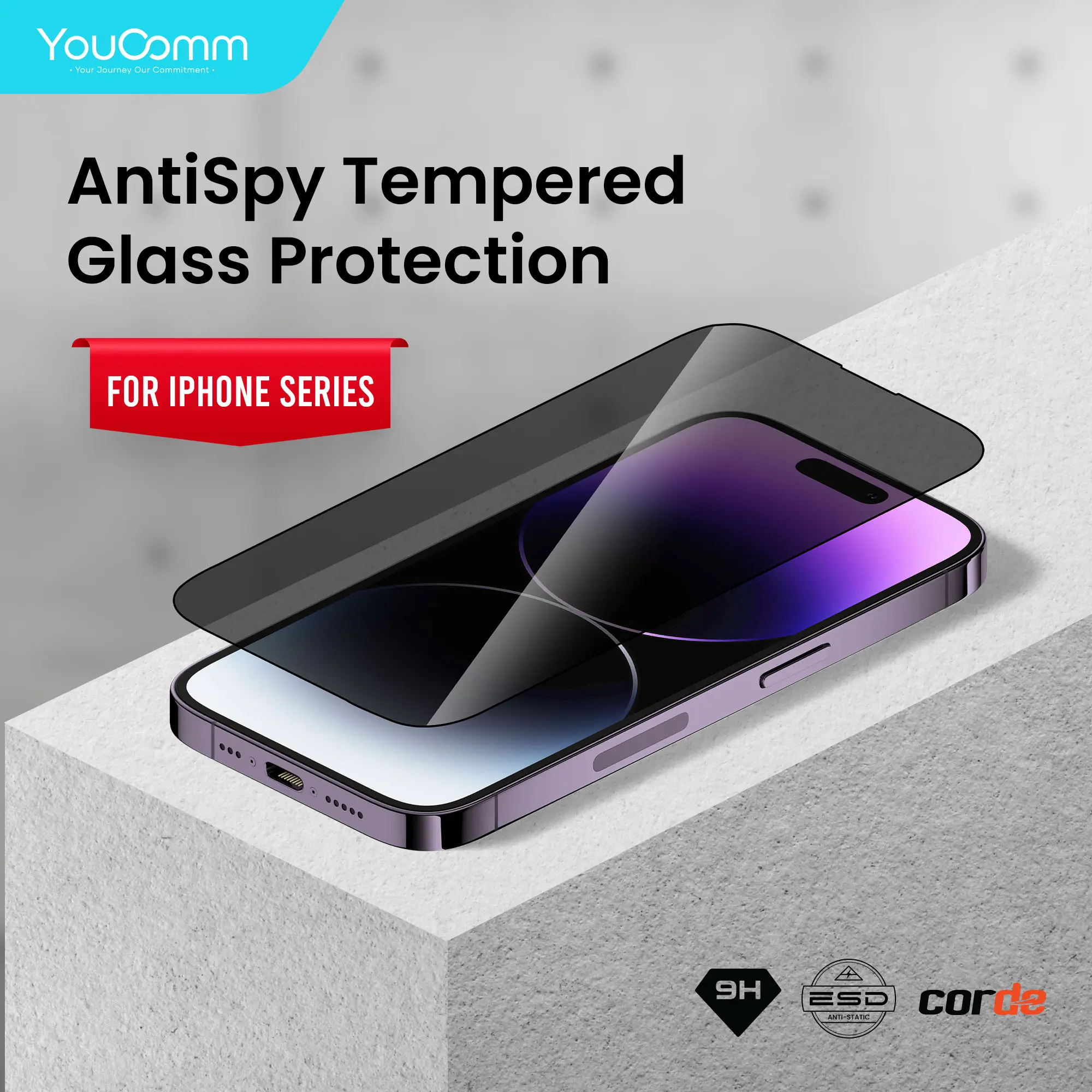 YOUCOMM Anti Spy-HD Tempered Glass iPhone 16/15/14/13/12/11/X XR XS Max Pro – Jernih Maksimal, Perlindungan Total!