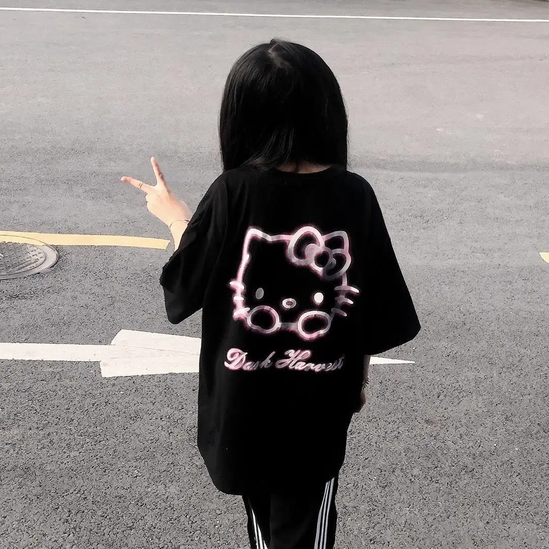 Áo Thun Hellokitty In Hình Phong Cách Đại Học, ngắn Tay, Dáng Rộng Vừa Vặn, Áo Nữ, Màu Đen, Không Vón Cục, Ngoại Cỡ, 100 _ Không Có