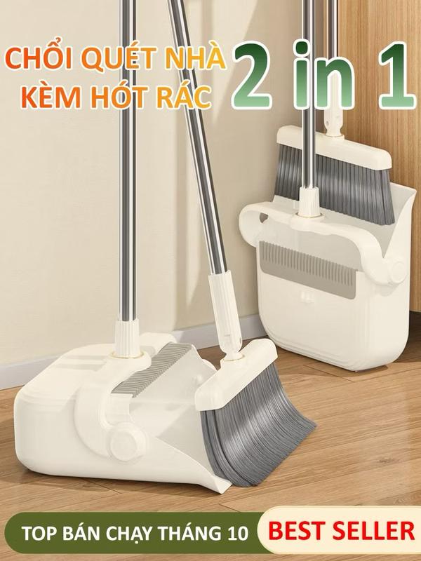 Bộ chổi quét nhà đa năng thông minh kèm đồ hót rác gấp gọn UFORU màu kem chất kiệu nhựa cao cấp và thép không gỉ _ UF684